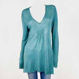Athleta Top Women XS Green Semi Fitted V Neck‎ Linen Blend Costal Casual Cover